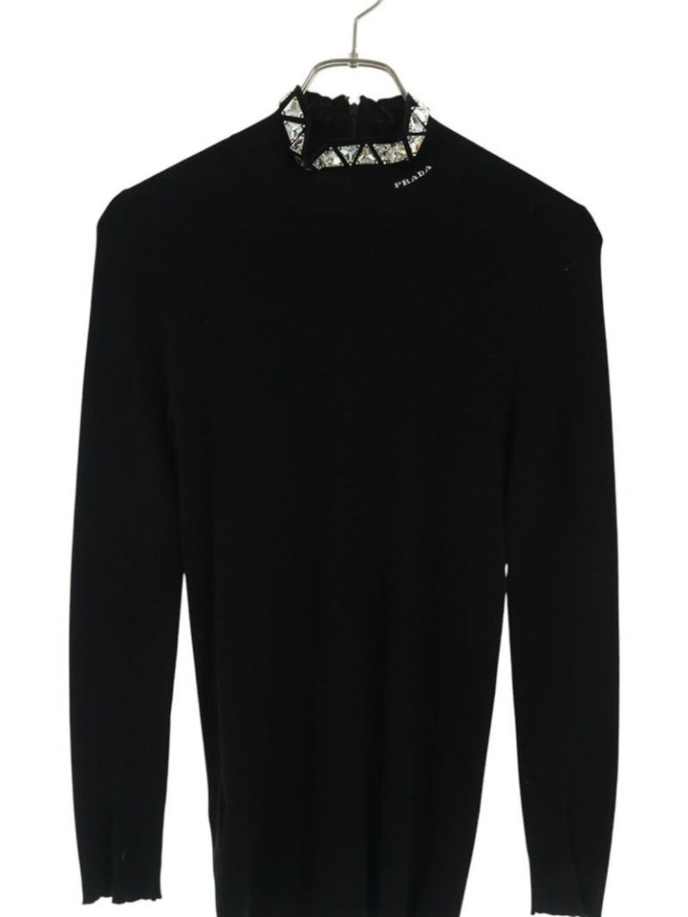 Prada Crystal Bijou Mock Neck Logo Embroidery Knit Sweater 42